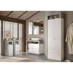 3S. x Home Armoire de rangement salle de bain 2 Portes 5 étagères coloris effet béton façade blanc New