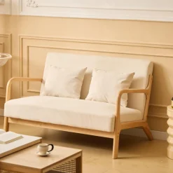 3S. x Home Banquette-banc OHAMA au style scandinaveen hévéa et velours beige Certifiée FSC Best