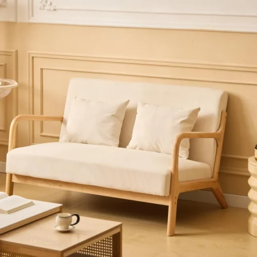 3S. x Home Banquette-banc OHAMA au style scandinaveen hévéa et velours beige Certifiée FSC Best