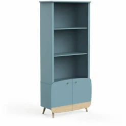 3 SUISSES Bibliothèque 2 tablettes et 2 Portes FIRMIANA bleu orage et pin naturel