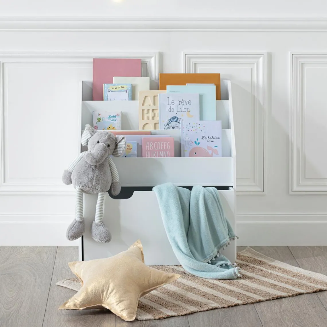 3S. x Home Bibliothèque enfant, bac à roulettes, blanc Discount