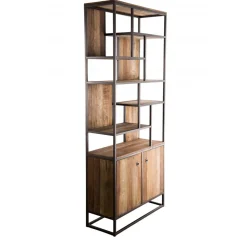 Macabane Bibliothèque Haute ALIDA 2 Portes Et 10 Open Space Bois Teck Recyclé Acacia Mahogany Et Métal