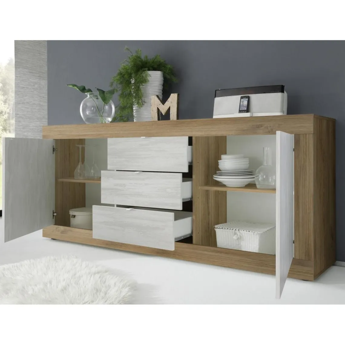 3S. x Home Buffet 2 portes 3 tiroirs en panneaux de particules Sale