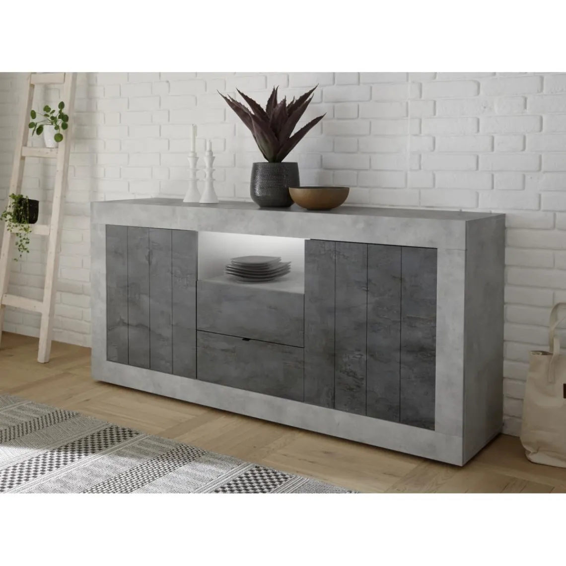3S. x Home Buffet 2 portes battantes et 2 tiroirs URBINO cement et oxyde Outlet