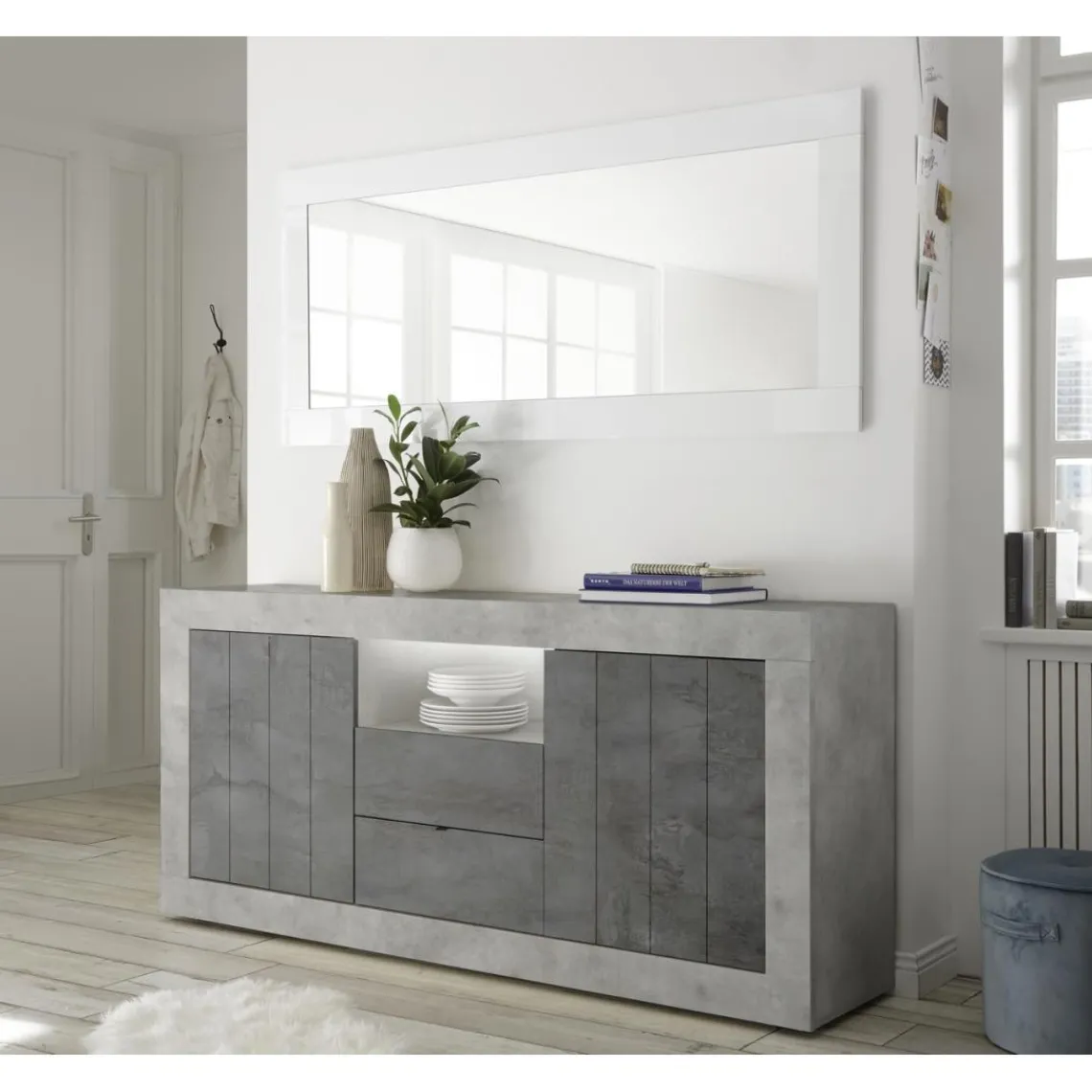 3S. x Home Buffet 2 portes battantes et 2 tiroirs URBINO cement et oxyde Outlet