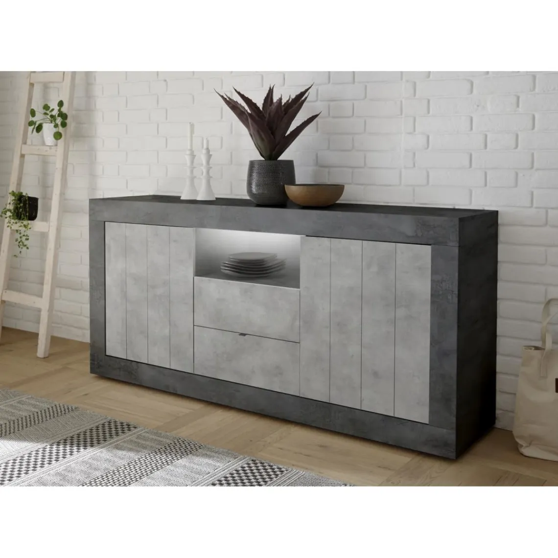 3S. x Home Buffet 2 portes battantes et 2 tiroirs URBINO oxyde et cement New
