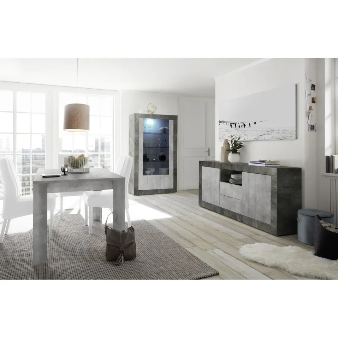 3S. x Home Buffet 2 portes battantes et 2 tiroirs URBINO oxyde et cement New