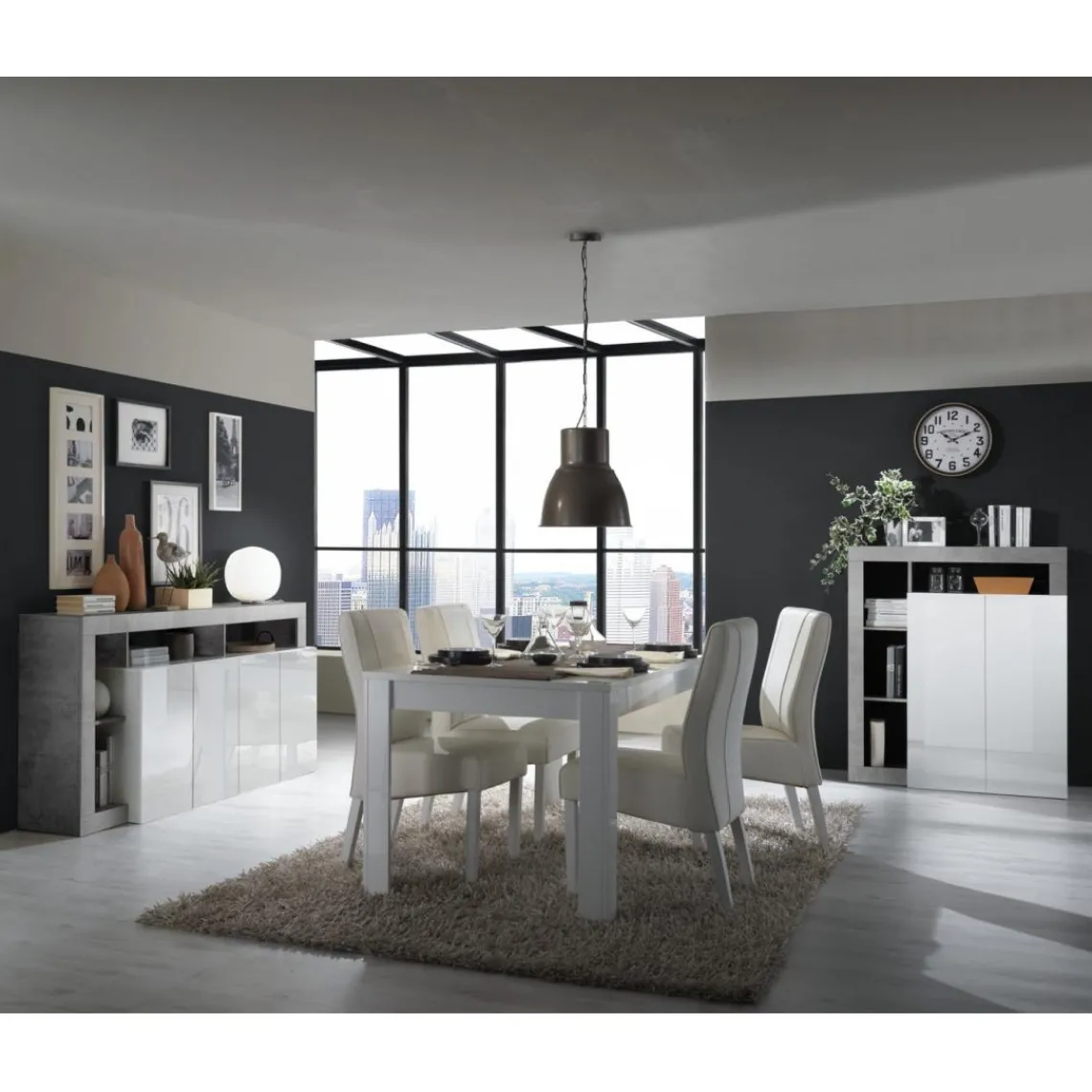 3S. x Home Buffet 4 portes blanc lacqué brillant béton Best