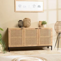 Macabane Buffet 3 portes cannage naturel pieds métal noir MARCEAU Sale