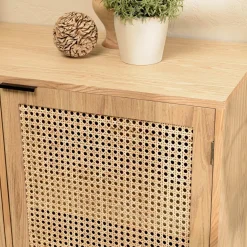 Macabane Buffet 3 portes cannage naturel pieds métal noir MARCEAU Sale