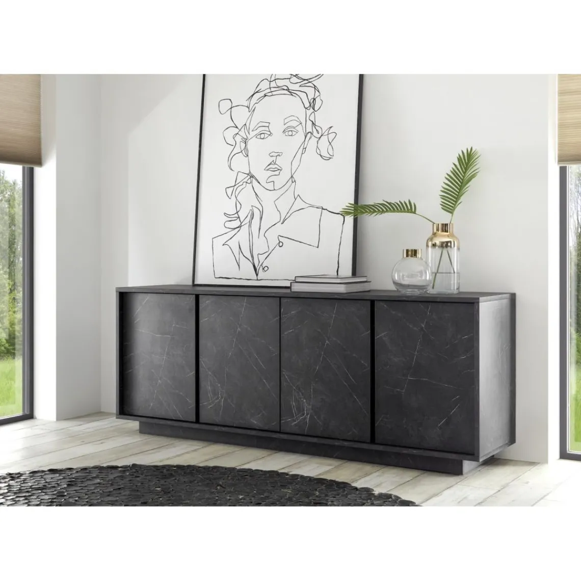 3S. x Home Buffet 4 portes CARRARA décor marbre noir Best