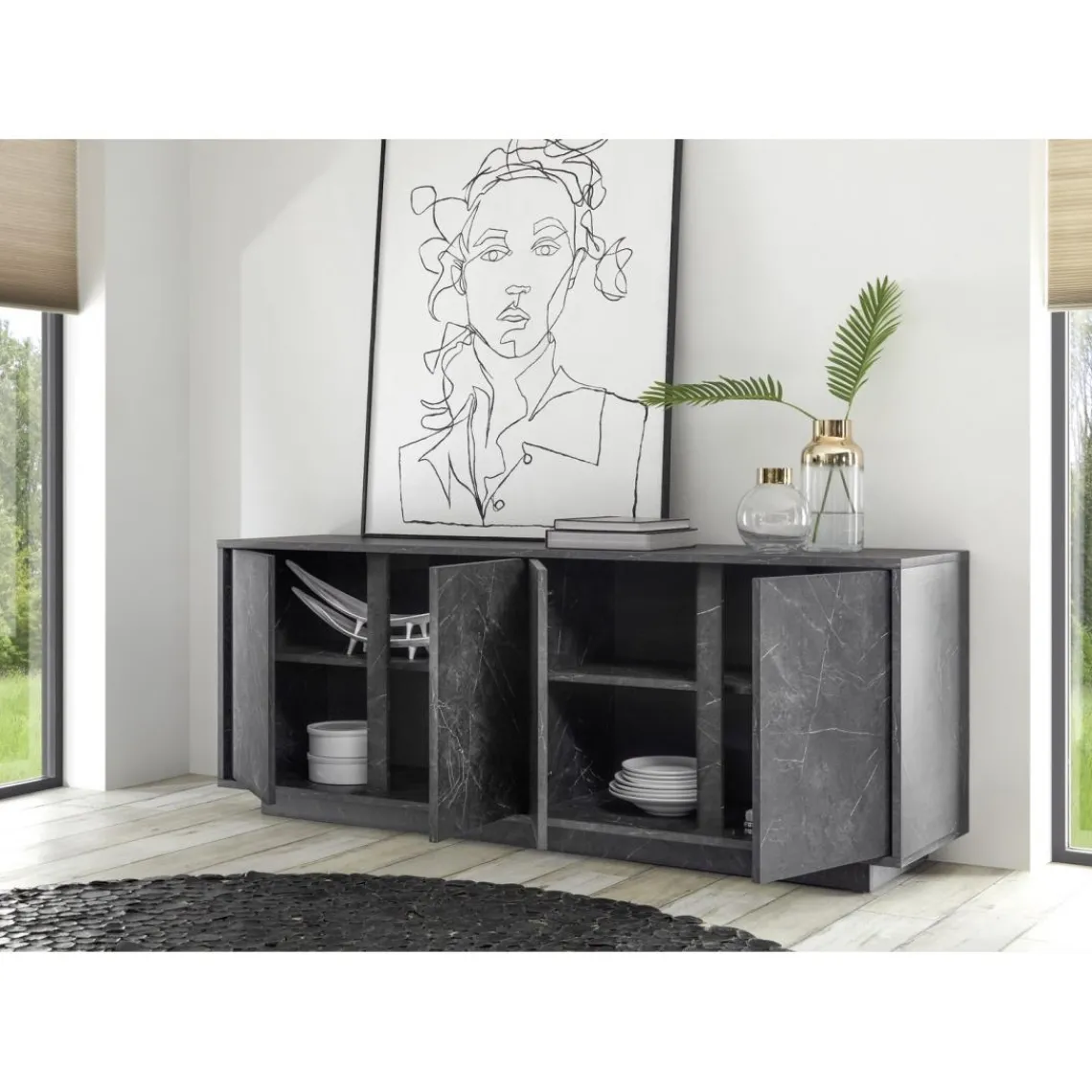 3S. x Home Buffet 4 portes CARRARA décor marbre noir Best
