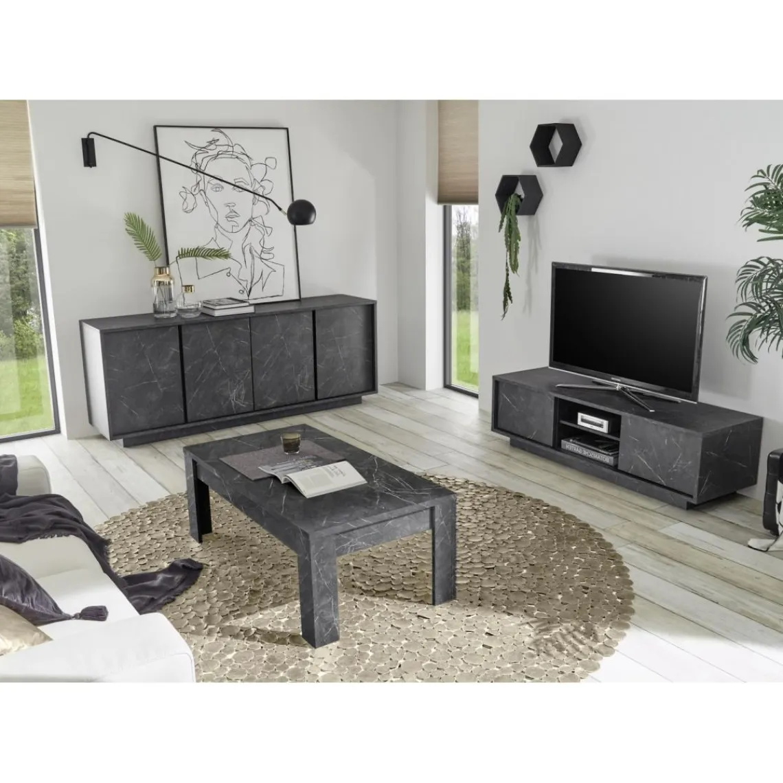 3S. x Home Buffet 4 portes CARRARA décor marbre noir Best