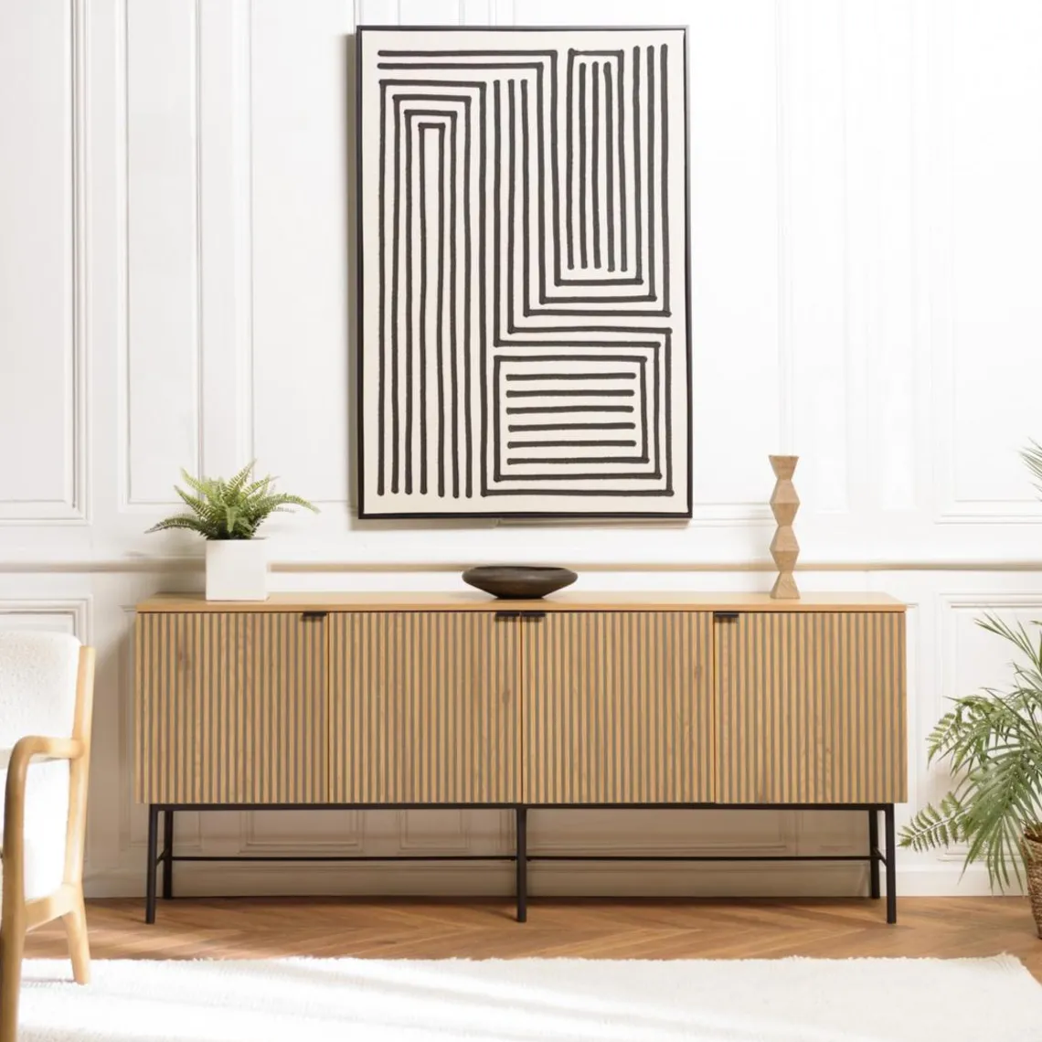 Macabane Buffet 4 portes décor effet bois rainuré noir et naturel SCOTT Sale