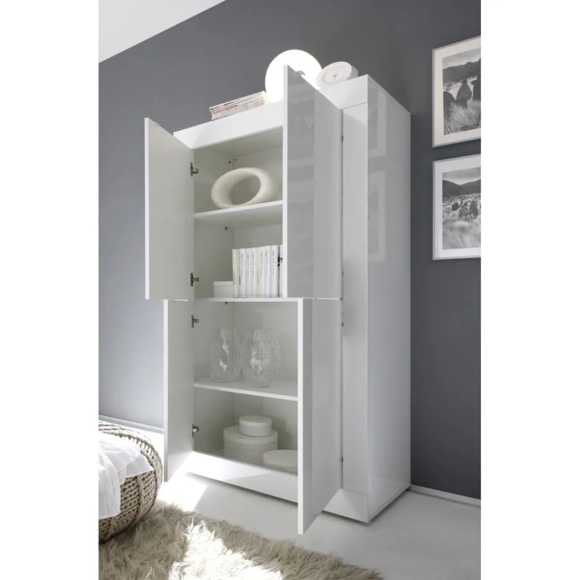 3S. x Home Buffet 4 portes en bois BASIC laqué blanc brillant Outlet