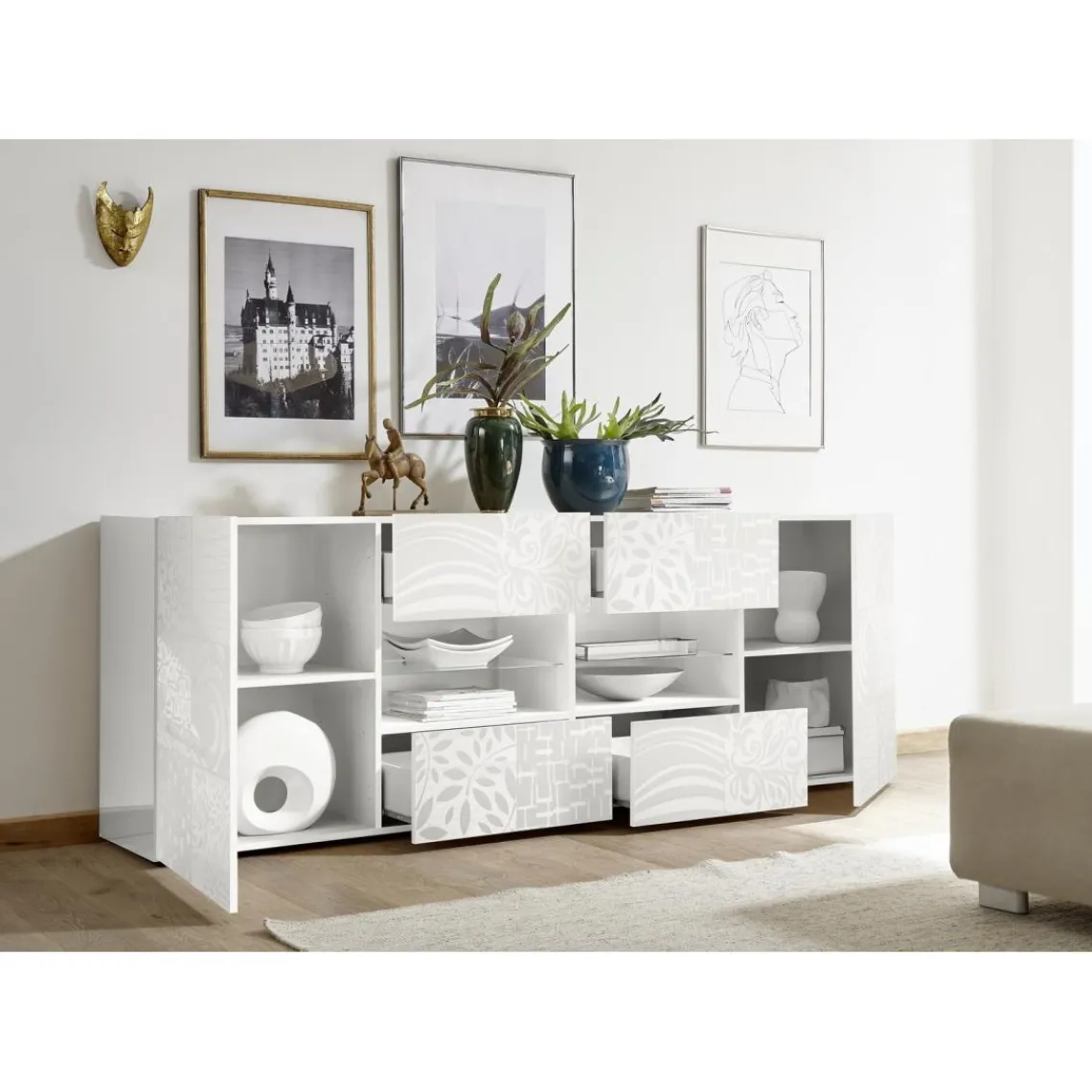 3S. x Home Buffet 2 portes et 4 tiroirs MIRO laqué blanc brillant Online