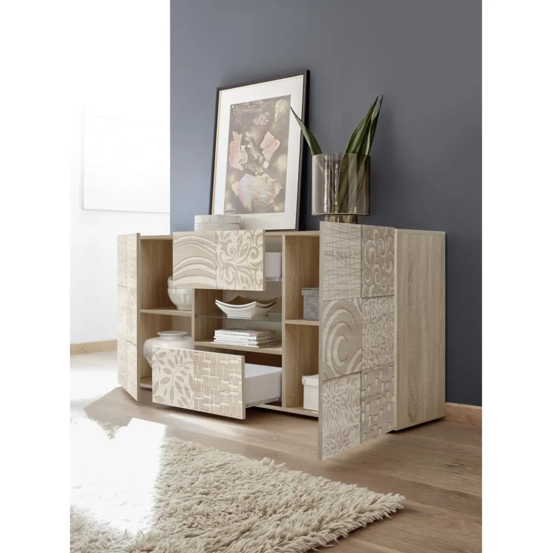 3S. x Home Buffet 2 portes et 2 tiroirs MIRO décor chêne Online