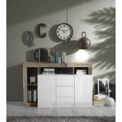3S. x Home Buffet 2 portes et 3 tiroirs HAMBURG décor chene et laqué blanc Sale