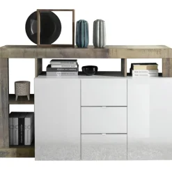 3S. x Home Buffet 2 portes et 3 tiroirs HAMBURG décor chene et laqué blanc Sale