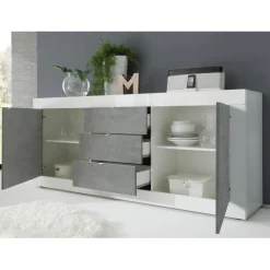 3S. x Home Buffet 2 portes et 3 tiroirs BASIC blanc et décor beton New
