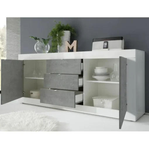 3S. x Home Buffet 2 portes et 3 tiroirs BASIC blanc et décor beton New