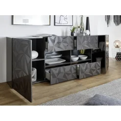 3S. x Home Buffet 2 portes et 4 tiroirs PRISMA laqué anthracite brillant New
