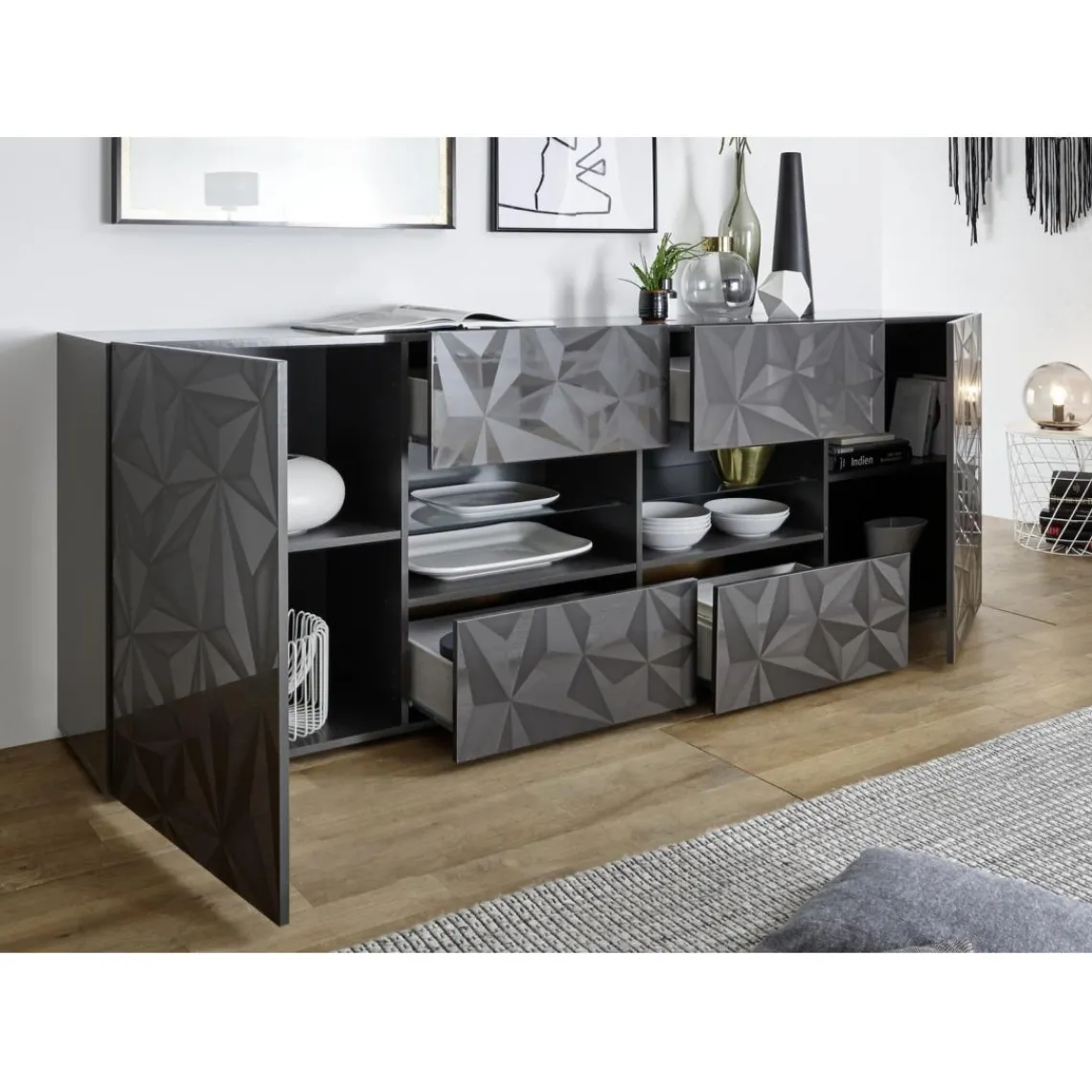 3S. x Home Buffet 2 portes et 4 tiroirs PRISMA laqué anthracite brillant New
