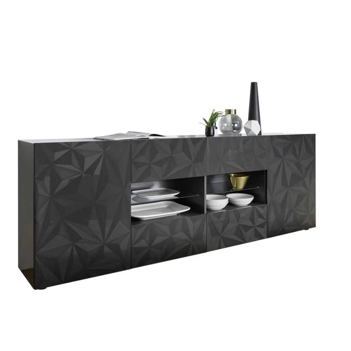 3S. x Home Buffet 2 portes et 4 tiroirs PRISMA laqué anthracite brillant New