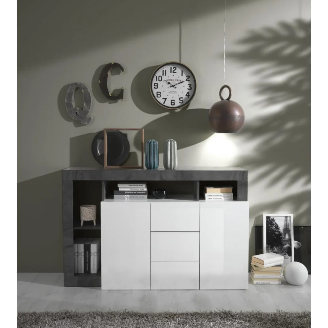 3S. x Home Buffet 2 portes et 3 tiroirs HAMBURG laqué blanc et oxyde Online