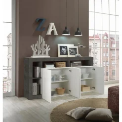 3S. x Home Buffet 4 portes HAMBURG laqué blanc et oxyde