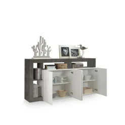 3S. x Home Buffet 4 portes HAMBURG laqué blanc et oxyde