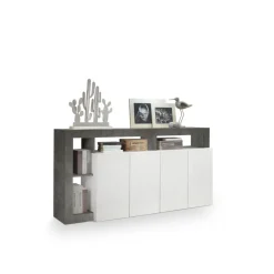 3S. x Home Buffet 4 portes HAMBURG laqué blanc et oxyde