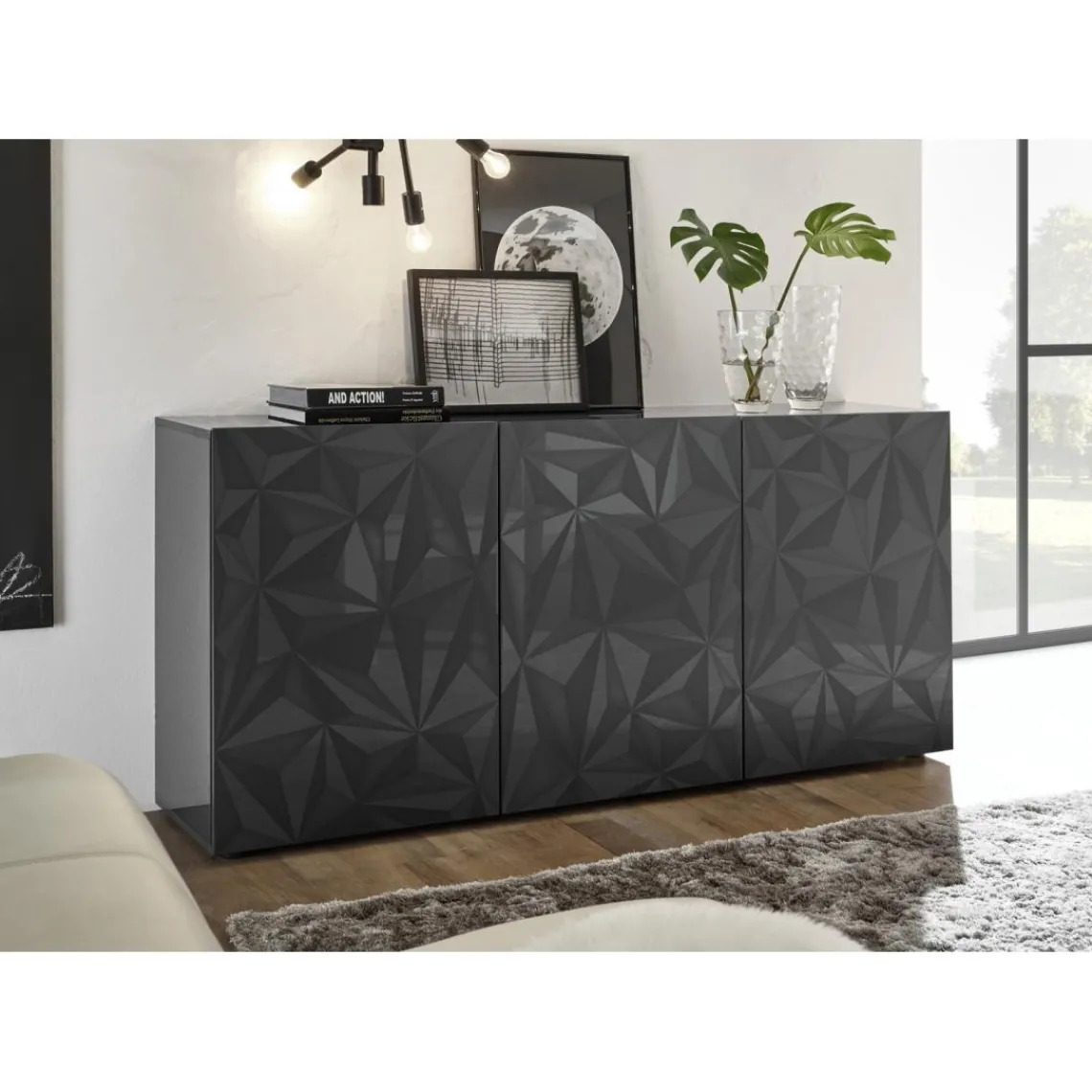 3S. x Home Buffet 3 portes PRISMA laqué anthracite brillant