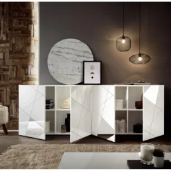 3S. x Home Buffet 4 portes VITTORIA blanc laqué avec sérigraphie Clearance