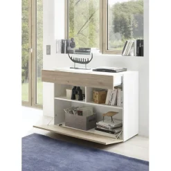 3S. x Home Buffet 1 tiroir et 1 abattant SORANO blanc et facades décor chene Hot