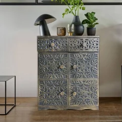 3S. x Home Buffet bois sculpté style oriental 6 portes L70cm Matana Bronze patiné Best