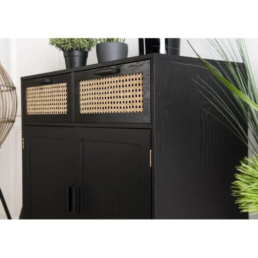 Macabane Buffet EMILIO Noir 2 Tiroirs 2 Portes Cannage New
