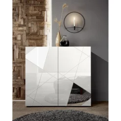 3S. x Home Buffet haut 2 portes VITTORIA blanc laqué avec sérigraphie New