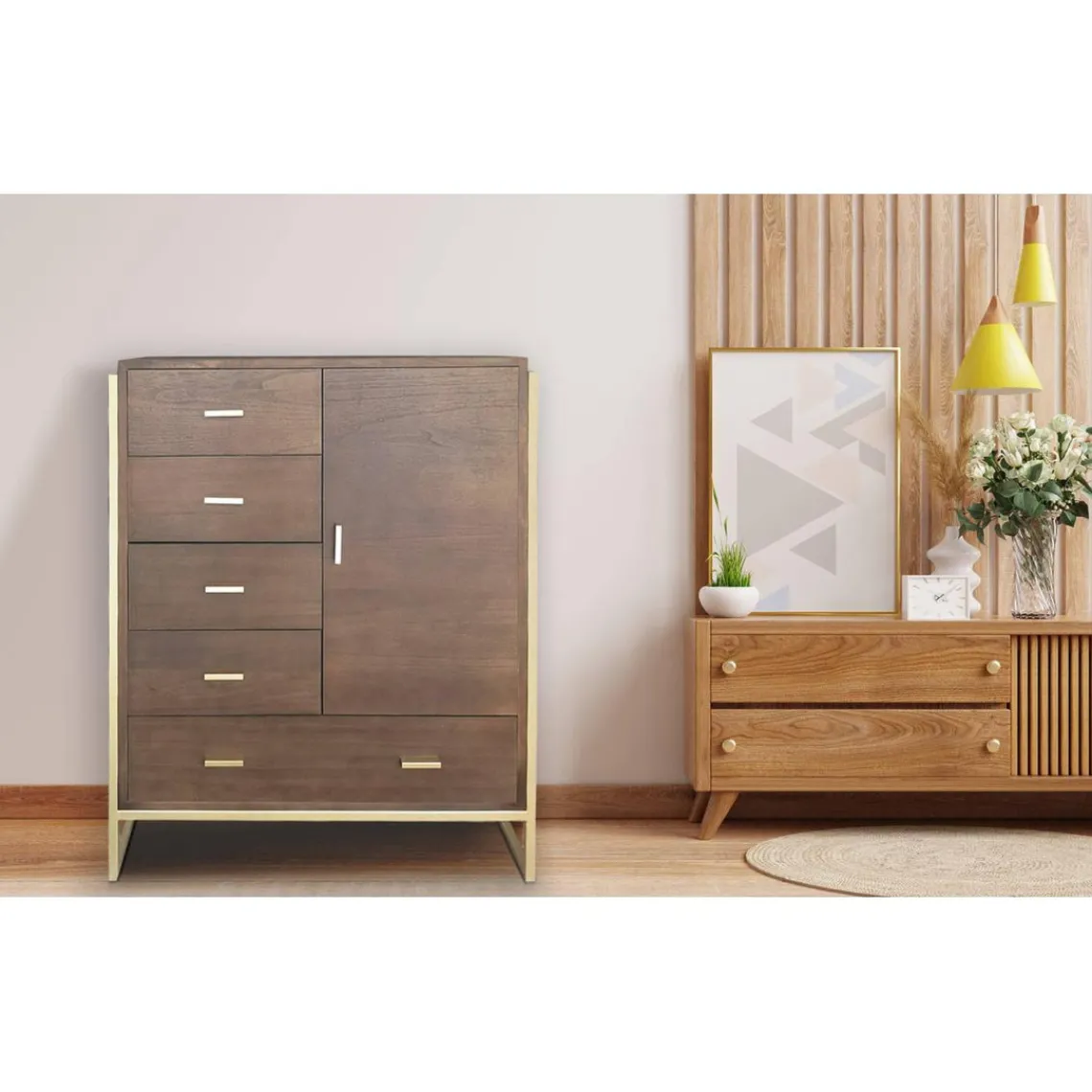 3S. x Home Buffet haut 5 tiroirs et 1 porte L90cm Bois Marron et Métal Or Hot