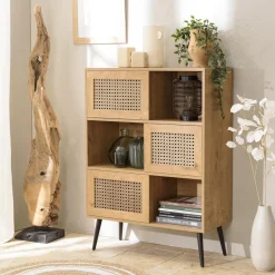 Macabane Buffet marron 3 niches 3 portes effet cannage pieds métal CHARLIE Discount