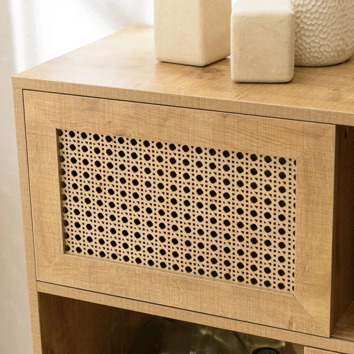 Macabane Buffet marron 3 niches 3 portes effet cannage pieds métal CHARLIE Discount