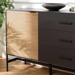 Macabane Buffet marron et noir 3 tiroirs 2 portes Pin pieds métal noir Hot