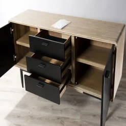 Macabane Buffet PALOMA Marron 3 Tiroirs 2 Portes Bois Et Métal New