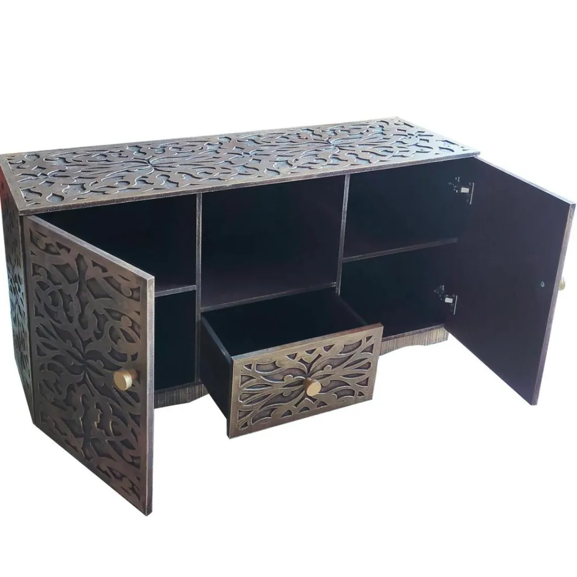 3S. x Home Buffet style oriental avec moulures Portofino Bois Marron et Or