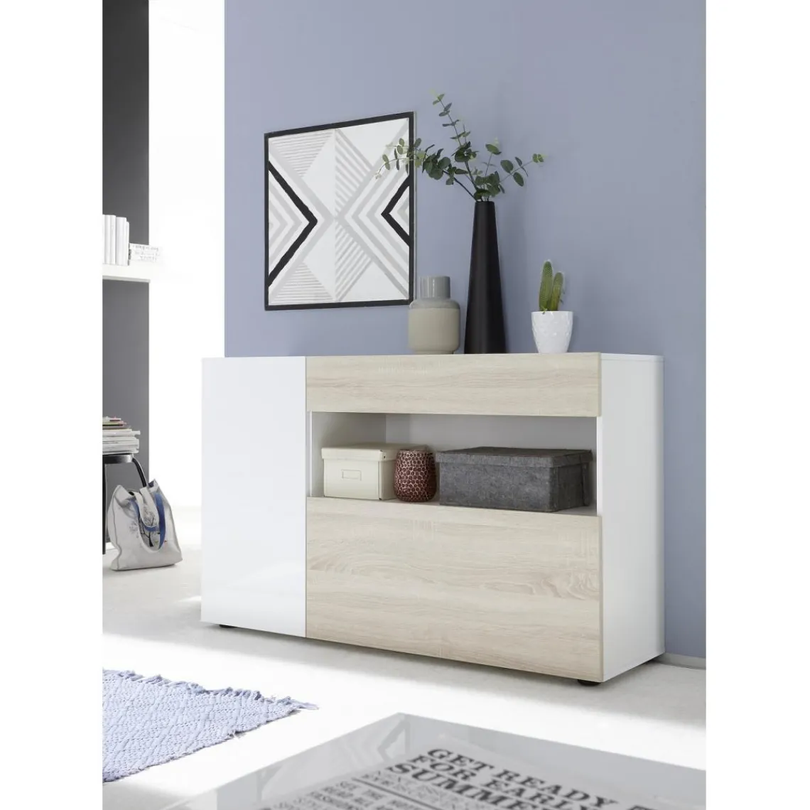 3S. x Home Buffet une porte, 1 tiroir, 1 abattant NICE blanc et facade décor chene Online