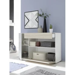 3S. x Home Buffet une porte, 1 tiroir, 1 abattant NICE blanc et facade décor chene Online