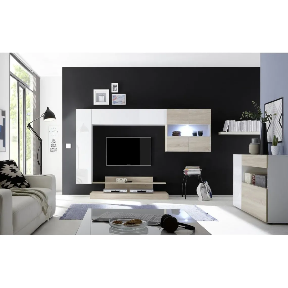 3S. x Home Buffet une porte, 1 tiroir, 1 abattant NICE blanc et facade décor chene Online