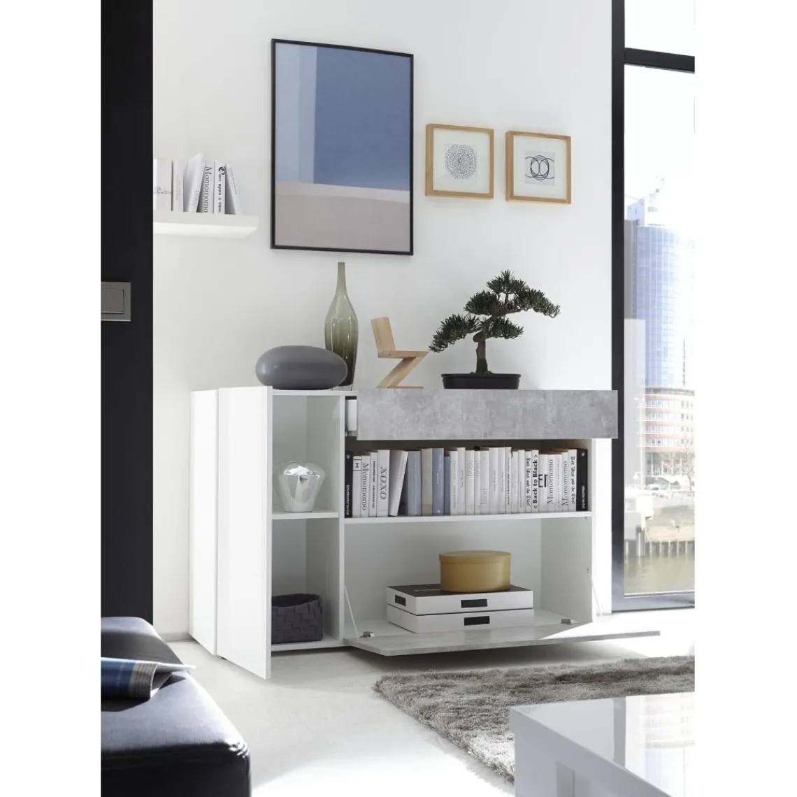 3S. x Home Buffet une porte, 1 tiroir, 1 abattant NICE blanc et facade décor beton Hot