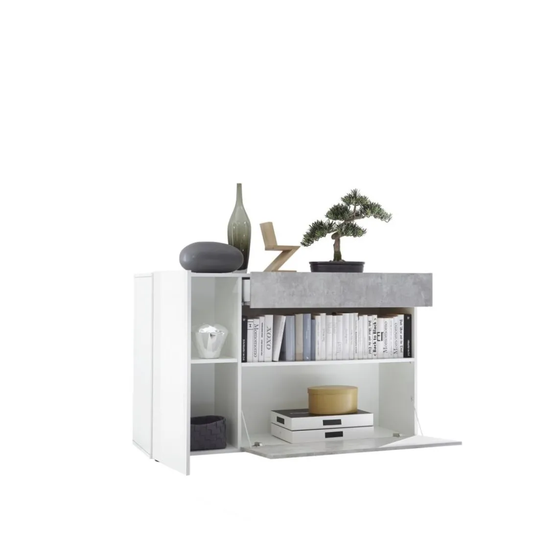 3S. x Home Buffet une porte, 1 tiroir, 1 abattant NICE blanc et facade décor beton Hot