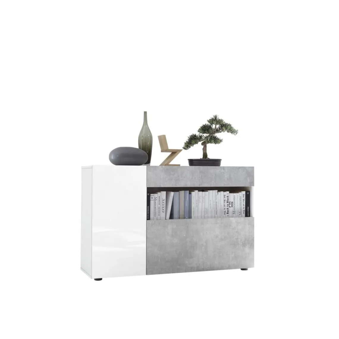 3S. x Home Buffet une porte, 1 tiroir, 1 abattant NICE blanc et facade décor beton Hot